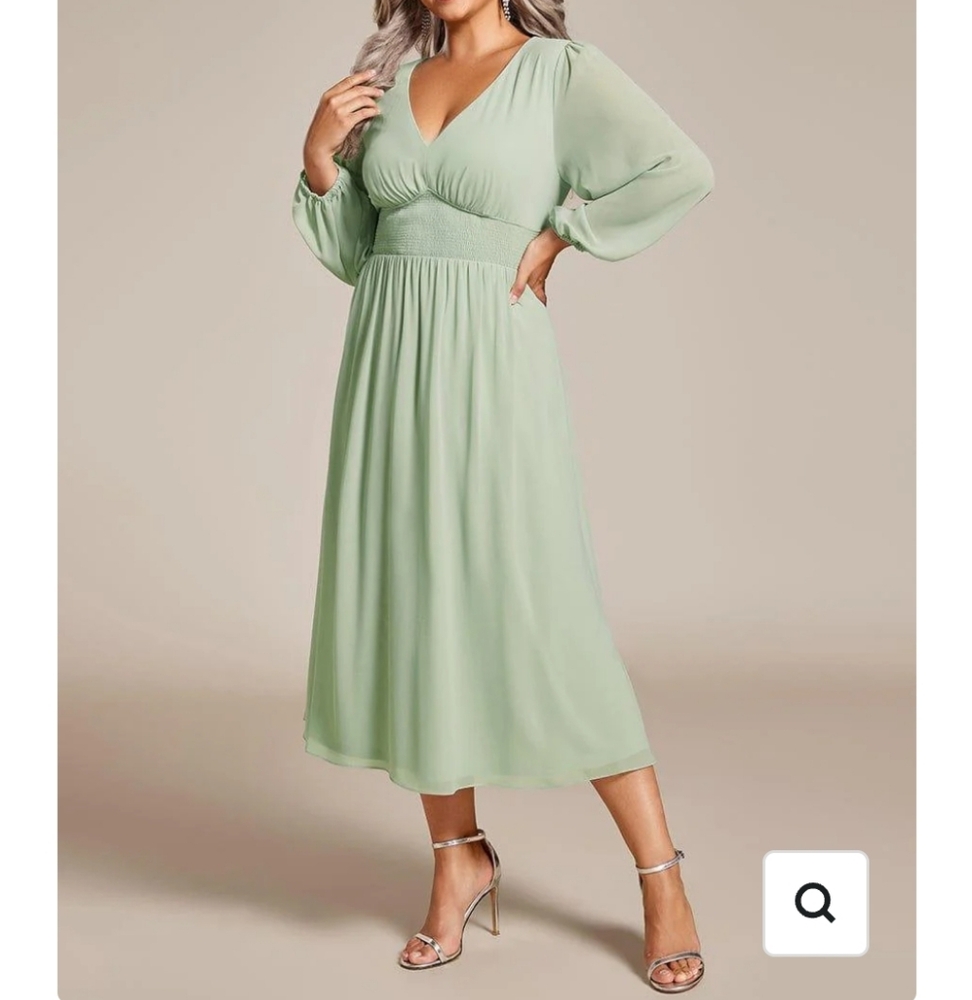 Ever Pretty Midi V-Neck Dress Women Size 20 Green Long Sleeve Back Zipper Lined